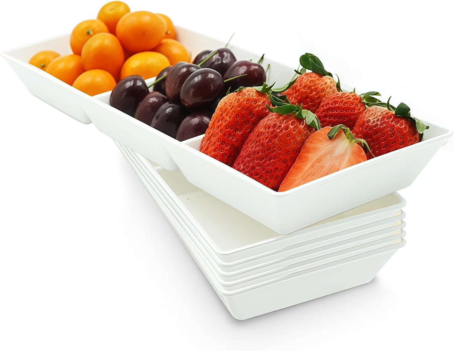 Divided Serving Tray Platter, 4 Pack 15" x 10" Fruit Veggie Food Tray for Party, Plastic Serving Trays for Appetizer, Snack, Dessert, Cookie, Brunch Decorations Platters, White Trays BPA-Free