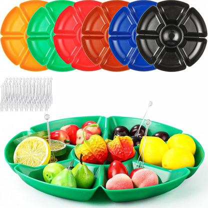 Zhehao 6 Pcs Plastic Divided Serving Trays with 60 Pcs Disposable Fork, 7 Compartments Round Chip Dip Plate, Petal Shape Platter, 10.6'' Snacks Serving Dish for Party Candy Nuts Fruits (Vibrant Color)