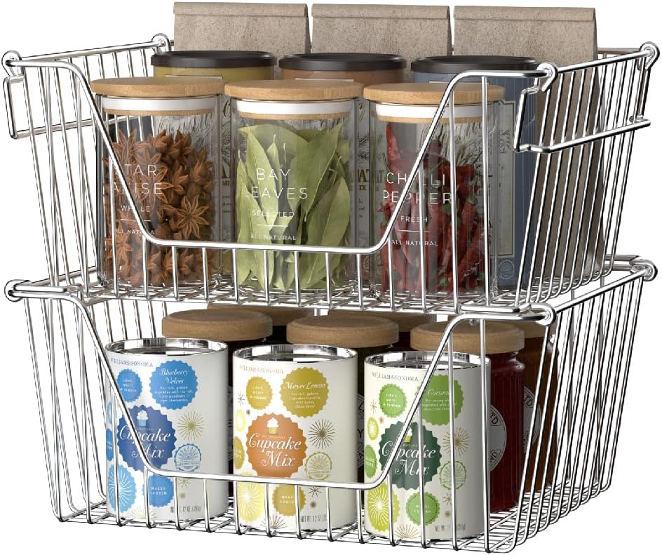 Slideep Wire Storage Baskets, Freezer Baskets Farmhouse Stackable Organizer Storage Bins Large Organizer for Storage, Office, Bathroom, Pantry Organization Storage with Handles 14" Black -Set of 3