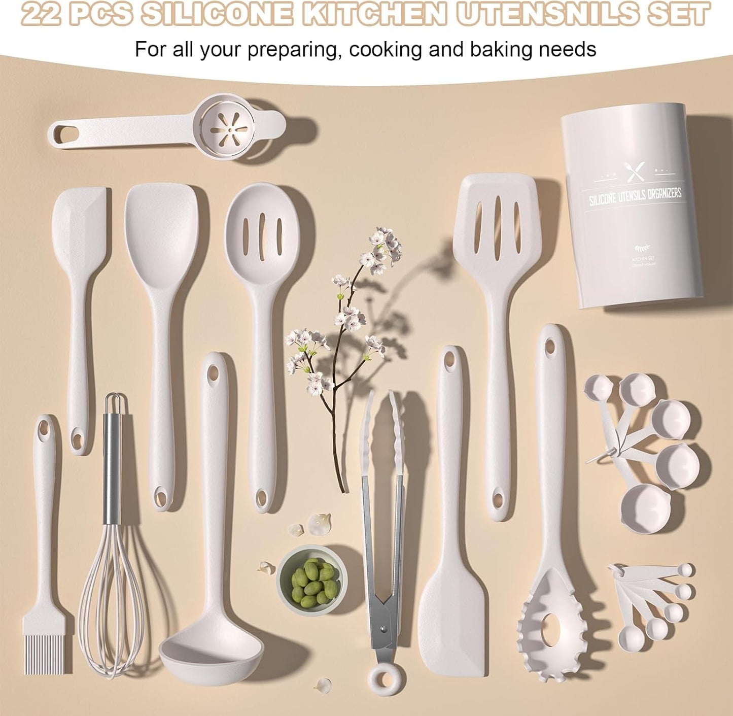 Umite Chef 22-Piece Silicone Cooking Utensils Set，Heat Resistant & Dishwasher Safe Kitchen Tools, Black Non-Scratch Spatula Set for Nonstick Cookware (Khaki)