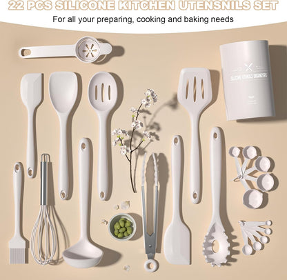 Umite Chef 22-Piece Silicone Cooking Utensils Set，Heat Resistant & Dishwasher Safe Kitchen Tools, Black Non-Scratch Spatula Set for Nonstick Cookware (Khaki)