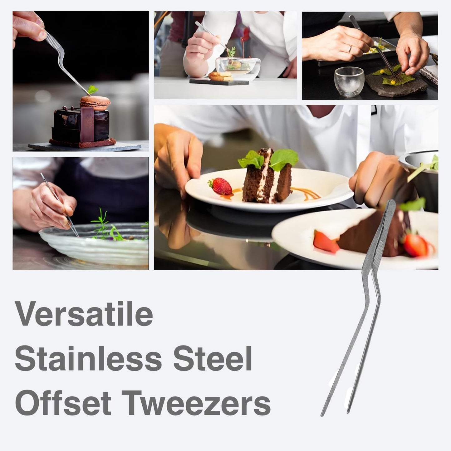 8-Inch Offset Tweezers - Professional Stainless Steel Culinary & Plating Tweezers for Chefs, Precision Cooking, Garnishing, Food Tweezer Tongs (Silver)