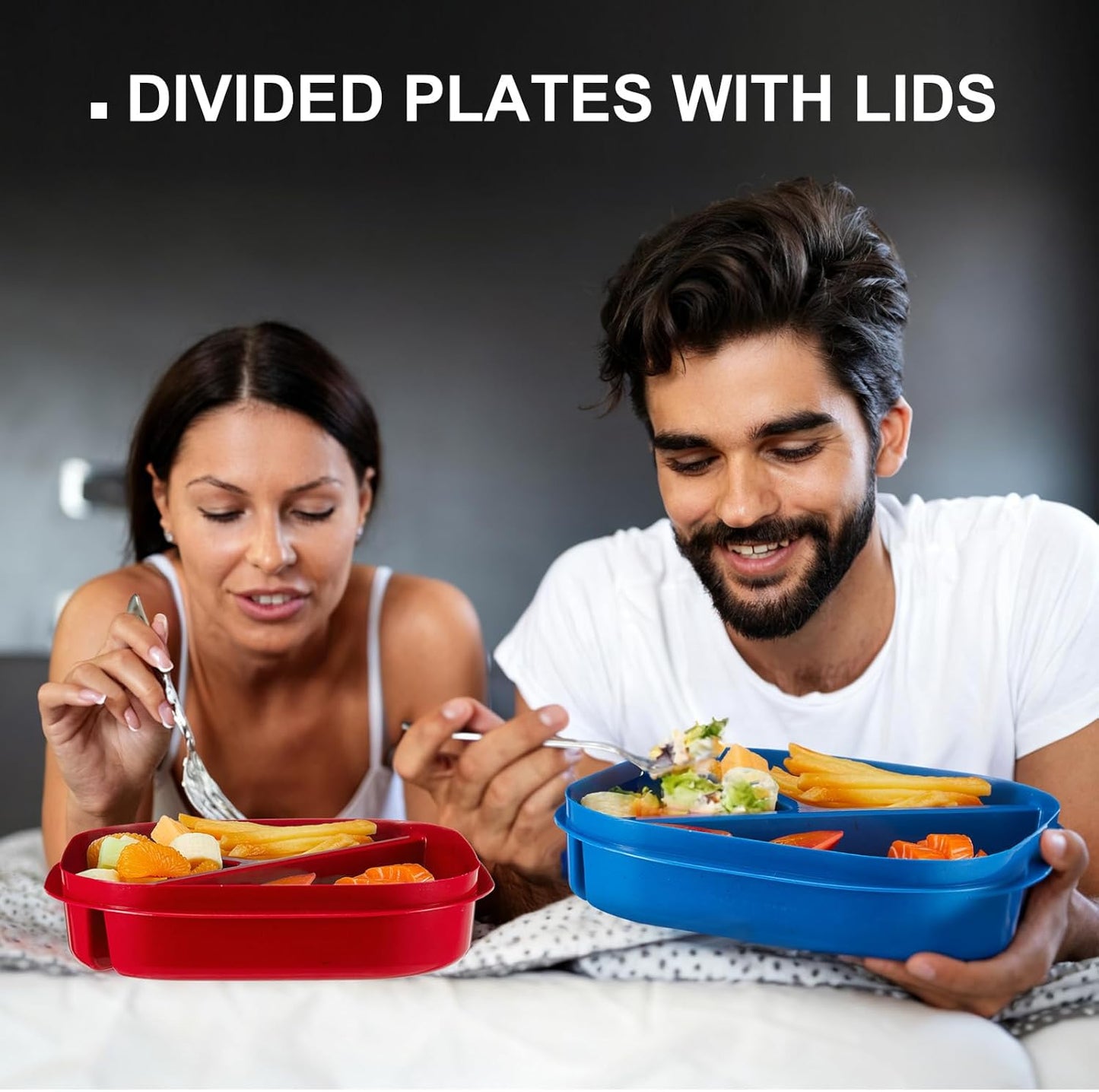 Hushee 4 Pcs Microwave Food Storage Tray Containers with Ventilation Lids 3 Compartment Divided Plates Portion Plate Fits Microwave Fridge(Rectangle,Mixed Colors,10.04 x 6.38 x 2.24 Inch)