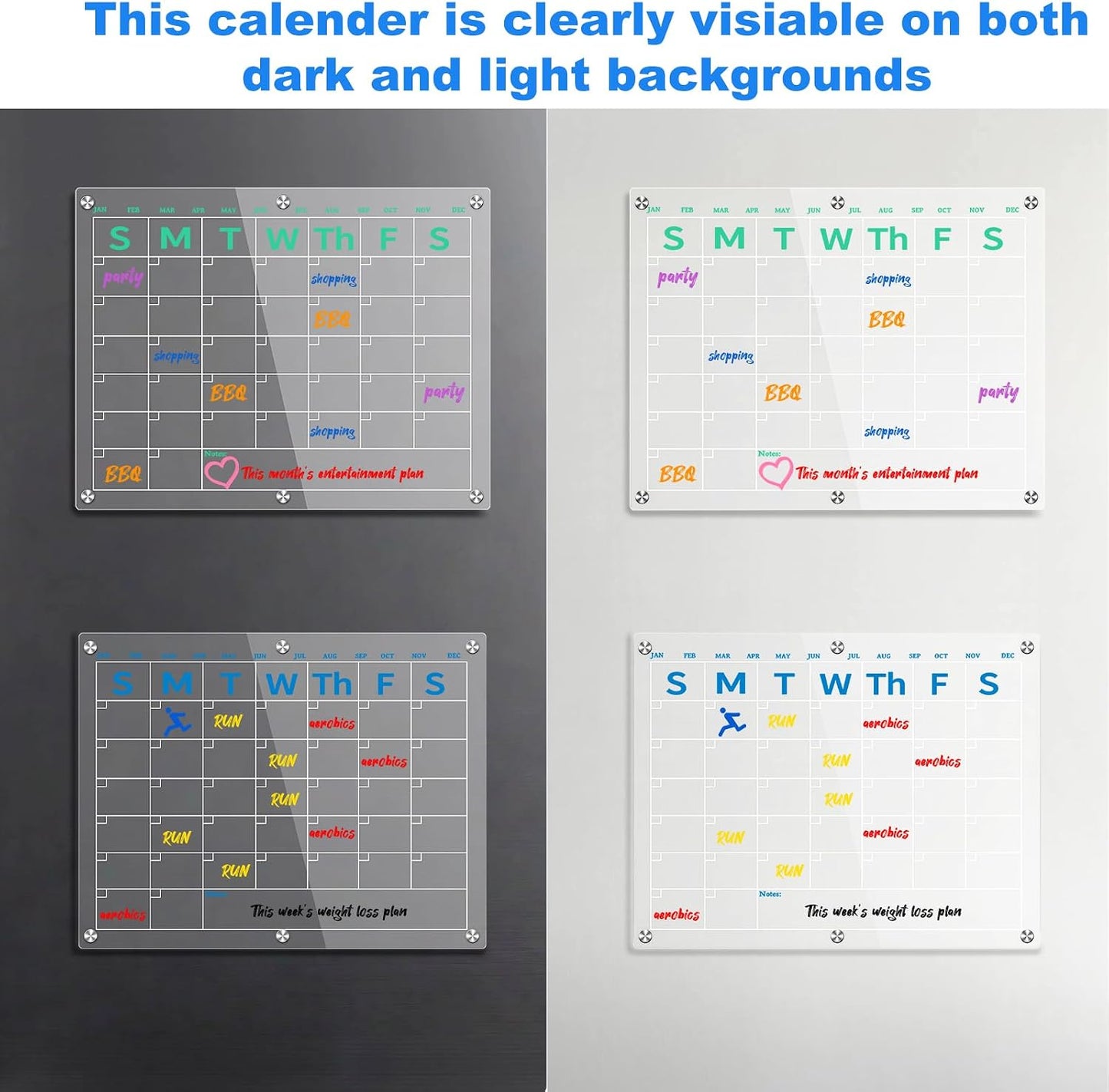 Fridge Calendar 15"x11", Magnetic Calendar for Refrigerator, Acrylic Whiteboard Calender Dry Erase, Monthly Meal Planner for Refrigerator, w/8 Markers (Blue)