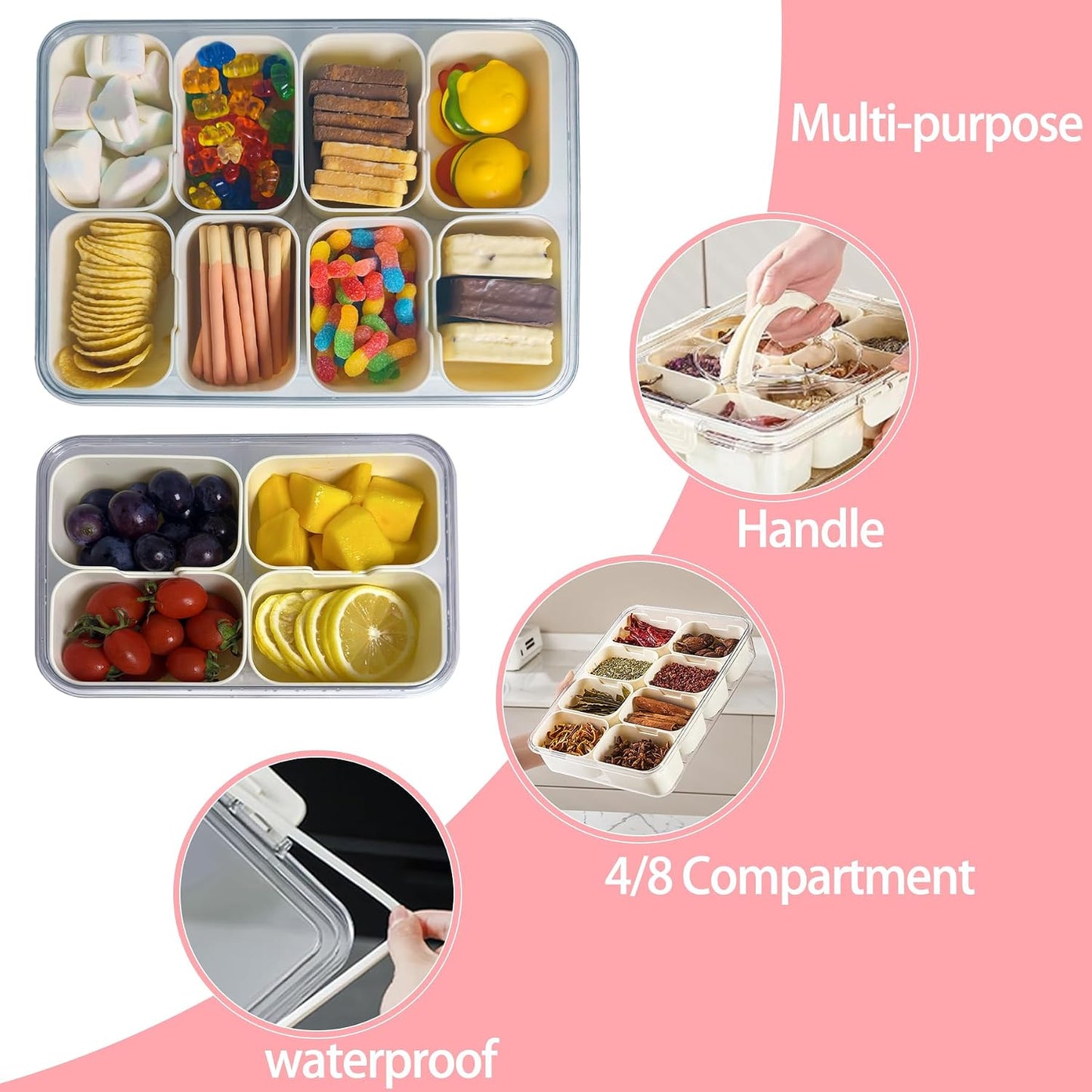 Plastic Divided Serving Tray with Lid and Handle Snack Box Charcuterie Container Portable Snack Platters Organizer for Candy, Fruits, Snacks, Nuts, for Party, Entertaining (White 8 compartments)