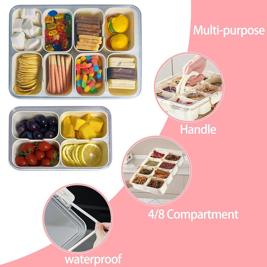 Plastic Divided Serving Tray with Lid and Handle Snack Box Charcuterie Container Portable Snack Platters Organizer for Candy, Fruits, Snacks, Nuts, for Party, Entertaining (White 8 compartments)