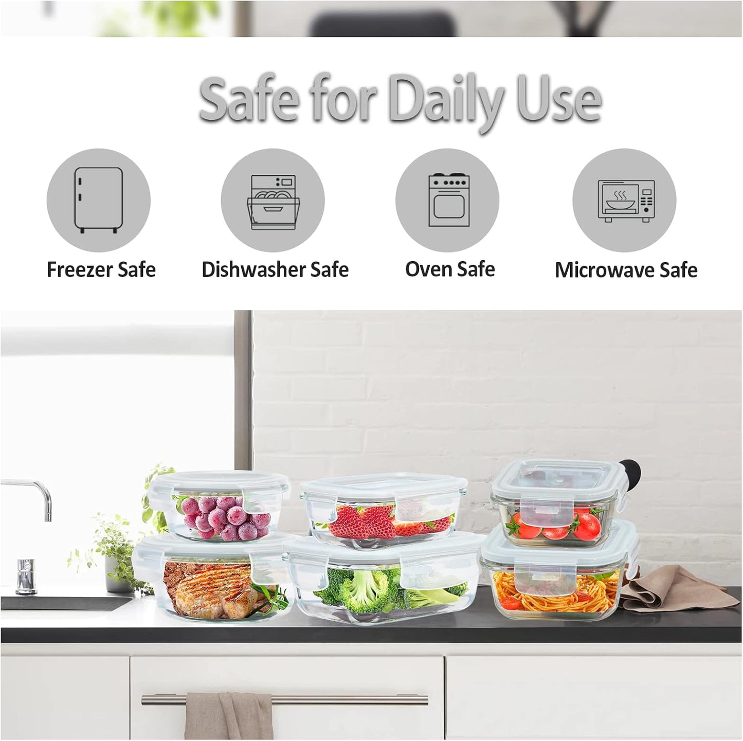 Glass Food Storage Containers with Lids Airtight 6 Pack, Glass Storage Containers with Lids for Food, Not Easy Broken & Leak Proof, Oven/Dishwasher Safe, Blue