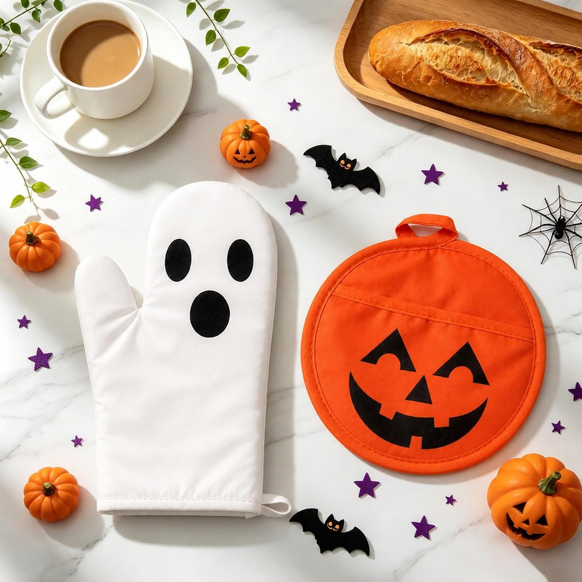 FYSUIMU 4Pcs Halloween Oven Mitts and Pot Holders Set, Evil Pumpkin Ghost