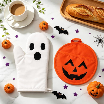 FYSUIMU 4Pcs Halloween Oven Mitts and Pot Holders Set, Evil Pumpkin Ghost