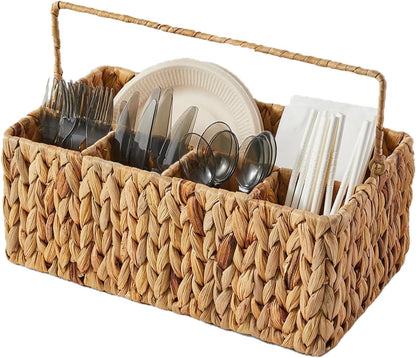 Silverware Organizer,Hand-Woven Wicker Kitchen Utensil Caddy with Handle,Cutlery Holder for Party Camping,Flatware Spoon Condiment Basket,Water Hyacinth Utensil Holder for Kitchen Counter