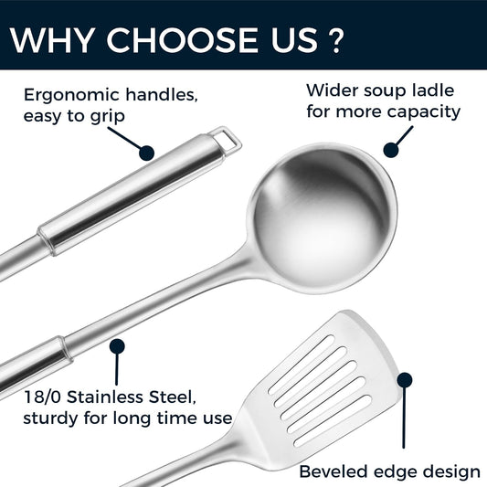 18/0 Stainless Steel Kitchen Cooking Utensil Set, Ergonomic Handle, Dishwasher Safe, Slotted Spoon, Ladle, Turner, Serving Spoon for Housewarming Daily Use Commercial, Pack of 4