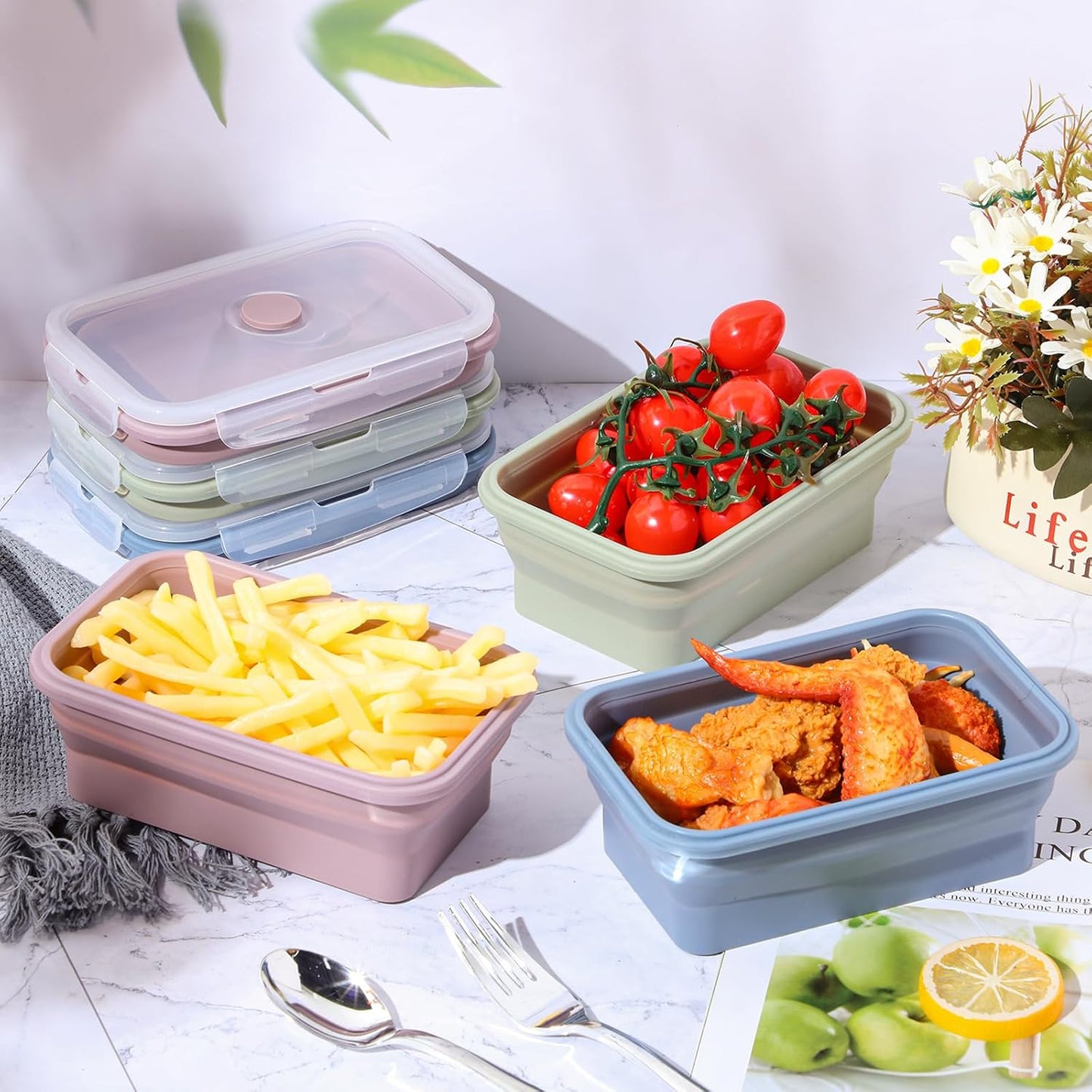 Mifoci 6 Pcs Silicone Containers for Food Collapsible Food Storage Containers with Airtight Lids Stacking Leftover Foods Storage Lunch Box for Freezer Microwave Dishwasher Safe(Morandi,18.6 oz)