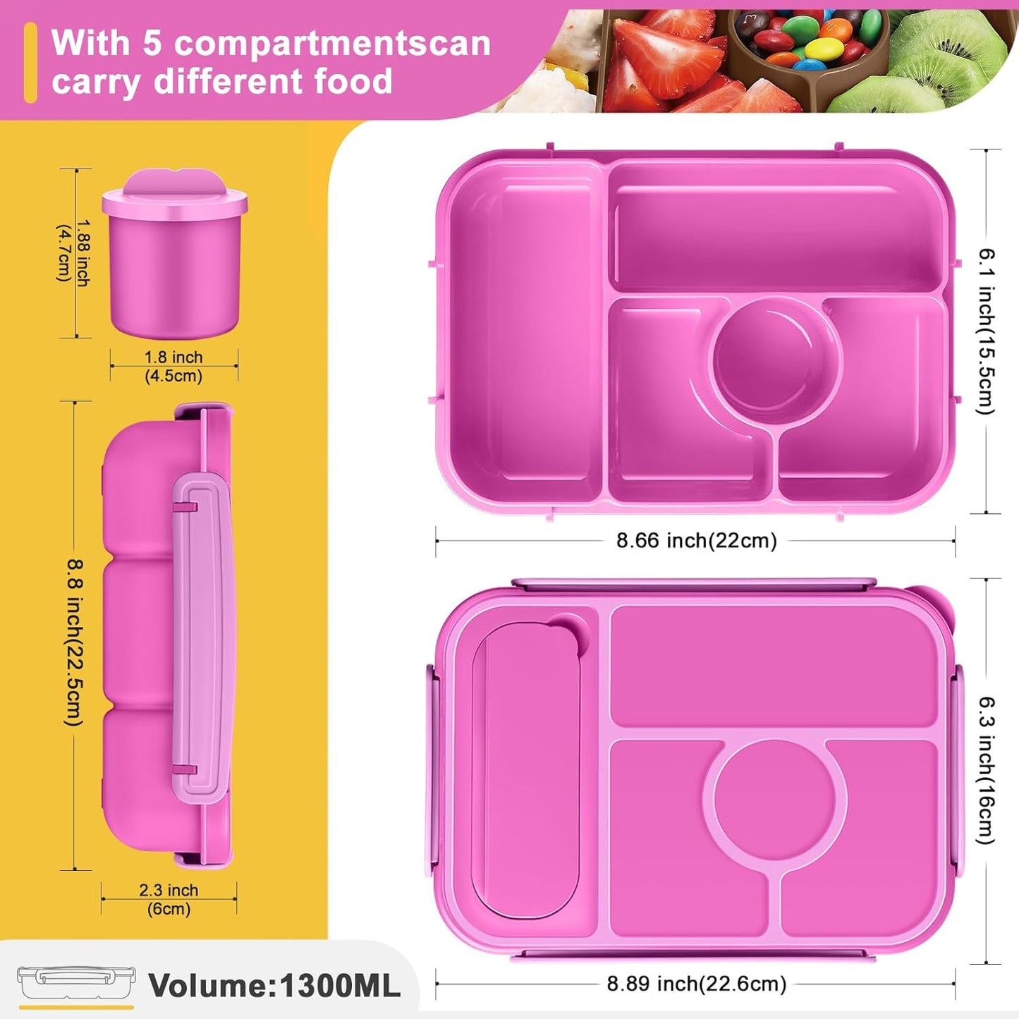 Amathley Bento Box Adult Lunch Box Kids,Lunch Containers for Adults/Kids/Toddler,5 Compartments Bento Lunch Box with Sauce Vontainers,Microwave & Dishwasher & Freezer Safe,BPA-Free (Blue)