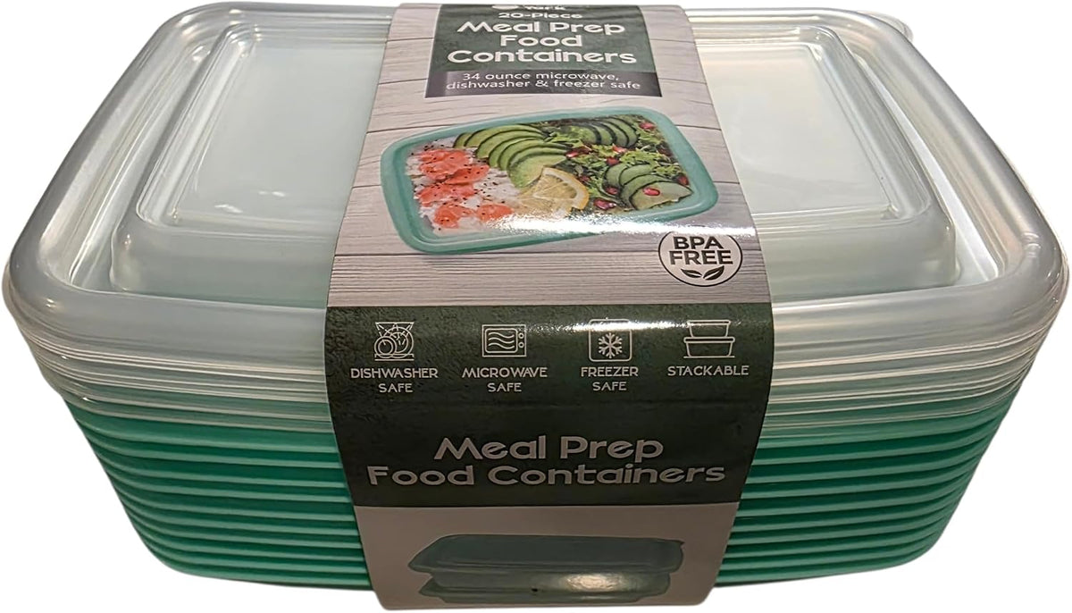 MADISON YORK Reusable 34 oz Meal Prep Containers, 20 Piece, Microwave Safe, Dishwasher Safe, Freezer Safe, Stackable