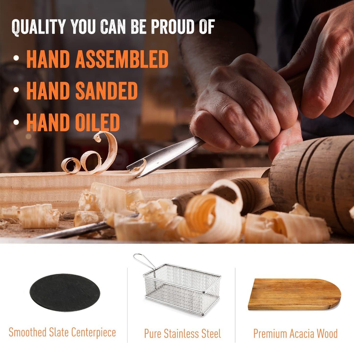 Yukon Glory™ Burger Serving Set, Perfect For Foodies, Burger Lovers and Tablescapes, Includes Premium Acacia Wood Board With Slate, Stainless Steel Fry Basket and Porcelain Condiment Cups,