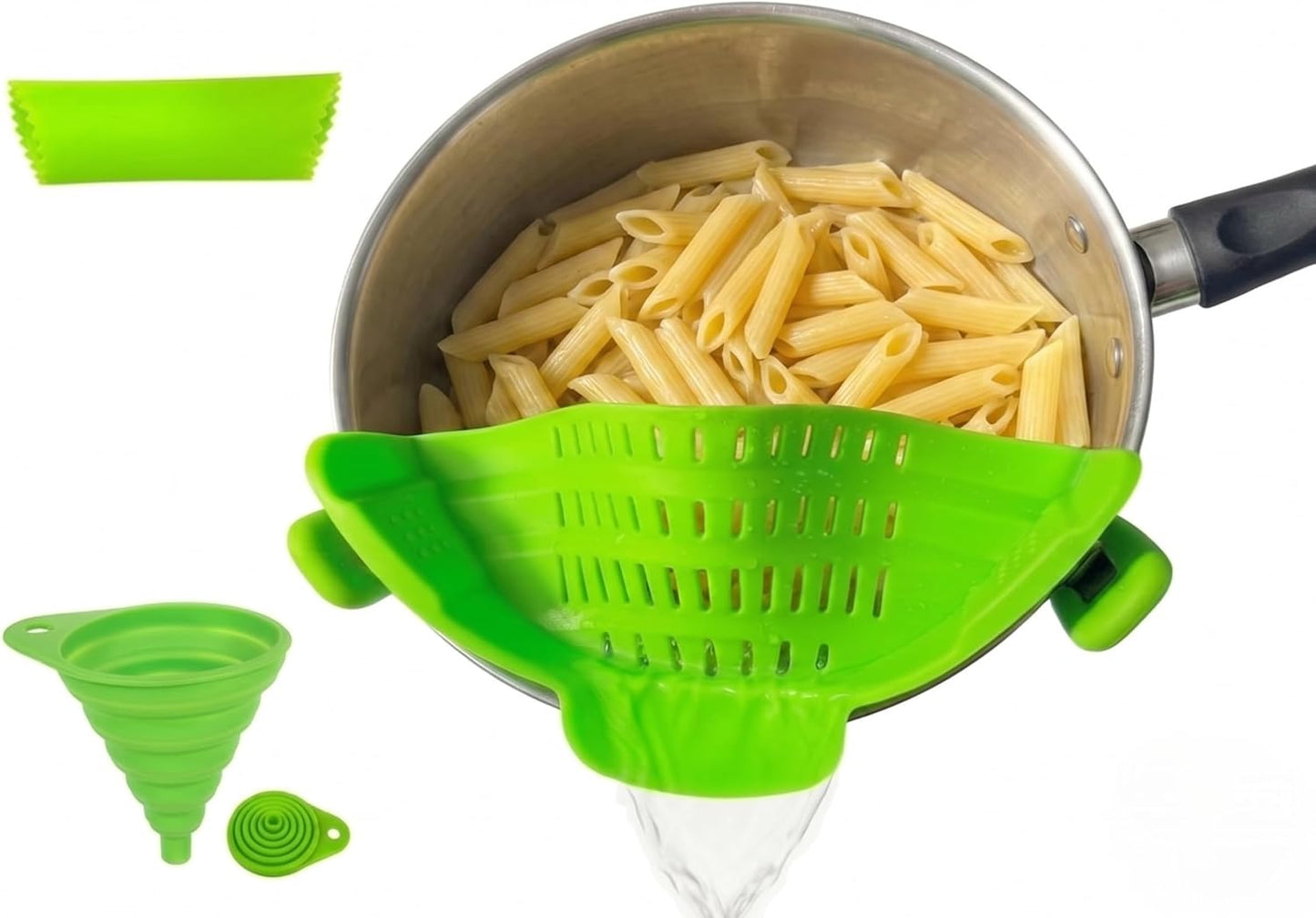 Clip On Strainer Silicone for Pots and Pans, Universal Fit Pasta Strainer and Pot Colander, Space Saving Food Drainer with Collapsible Funnel and Garlic Peeler, 3 Pcs Set, Gray