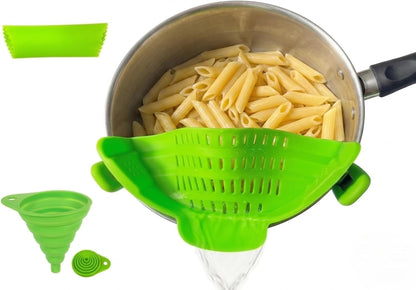 Clip On Strainer Silicone for Pots and Pans, Universal Fit Pasta Strainer and Pot Colander, Space Saving Food Drainer with Collapsible Funnel and Garlic Peeler, 3 Pcs Set, Gray
