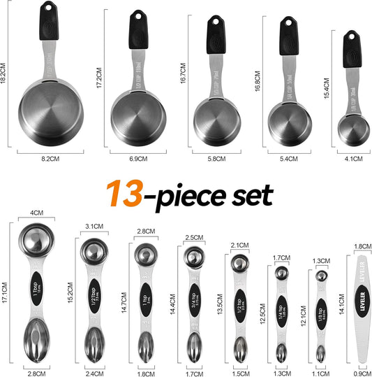 -BINGBING- Magnetic Measuring Cups and Spoons Set of 13, Stainless Steel | 5 Magnetic Cups and 8 Double-Sided Spoons with Leveler, Stackable, Kitchen Gadgets for Cooking and Baking