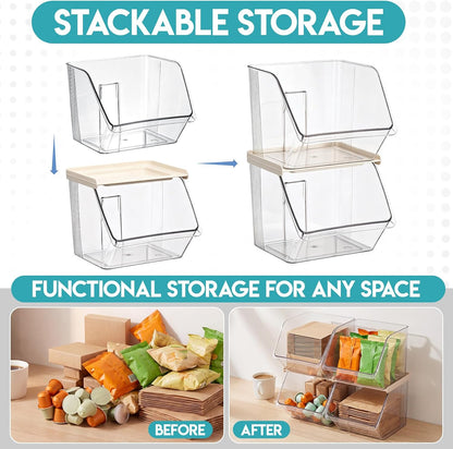 4 Pcs Clear Plastic Storage Bins Stackable Pantry Storage Organizer Kitchen Cabinet Organizers Ideal Containers for Tea Sugar Bag Coffee Pod Office Fridge Caddy