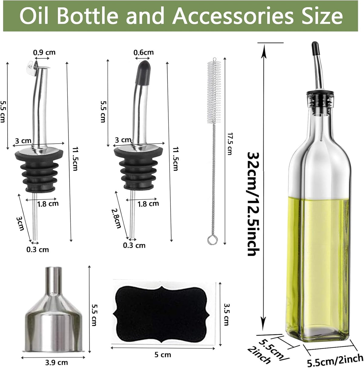 Leaflai Olive Oil Dispenser Bottle, Glass Olive Oil Dispenser and Vinegar Dispenser Set with Stainless Steel Pourers, 4 Labels,1 Brush and 1 Funnel Oil Bottles for Kitchen (500ml)