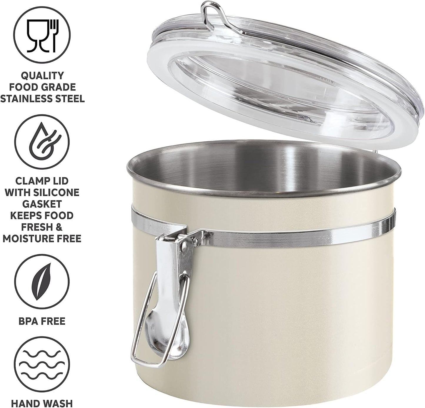 Oggi Stainless Steel Kitchen Canister 62 fl oz - Airtight Clamp Lid, Clear See-Thru Top - Ideal for Kitchen Storage, Food Storage, Pantry Storage. Large Size 5" x 7.5".