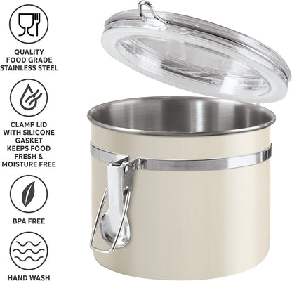 Oggi Stainless Steel Kitchen Canister 62 fl oz - Airtight Clamp Lid, Clear See-Thru Top - Ideal for Kitchen Storage, Food Storage, Pantry Storage. Large Size 5" x 7.5".