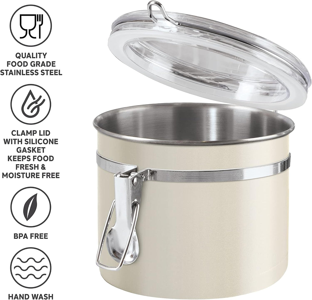 Oggi Stainless Steel Kitchen Canister 62 fl oz - Airtight Clamp Lid, Clear See-Thru Top - Ideal for Kitchen Storage, Food Storage, Pantry Storage. Large Size 5" x 7.5".