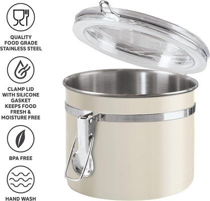 Oggi Stainless Steel Kitchen Canister 62 fl oz - Airtight Clamp Lid, Clear See-Thru Top - Ideal for Kitchen Storage, Food Storage, Pantry Storage. Large Size 5" x 7.5".