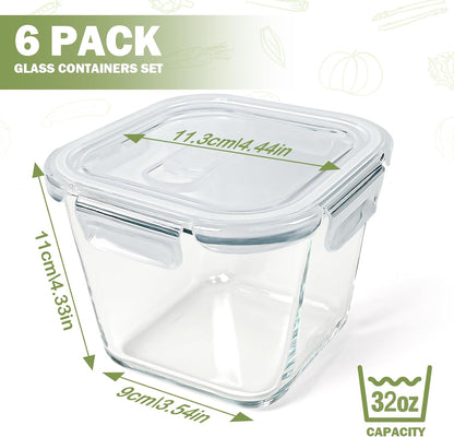 Glass Soup Containers with Lids 32oz - Borosilicate Glass Storage Containers 4 Cup, Freezer to Microwave Safe, Airtight Leak Proof, Square Meal Prep Containers for Lunch Travel- 6 Pack