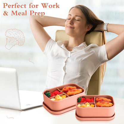 Honeydak 6 Pcs Silicone Bento Box Reusable Silicone Bento Lunch Container for Adults Microwave Dishwasher Freezer Safe 3 Compartment (Light Colors)