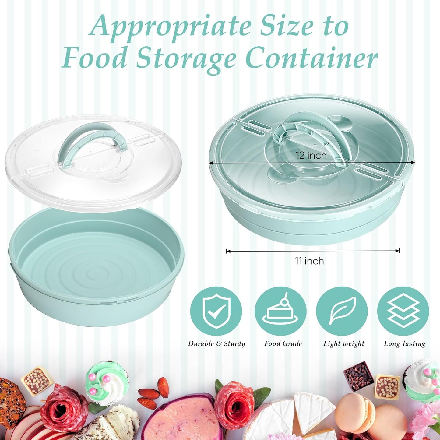 2 Pcs 12'' Pie Containers with Lids and Handle, Plastic Pizza Carrier with Cover Airtight Food Storage Reusable Cake Keeper Holder for Cheesecake Cookie Desert Tortilla Pastry(Green)