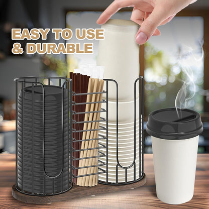 3-Compartment 18oz Coffee Cup Dispenser Rack with Wood Base, Disposable Cup, and Lid Organizer for Countertop - Perfect for Paper Cups, Straws, and Kitchen Cabinet Storage