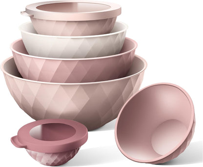 COOK WITH COLOR Mixing Bowls with Lids - 12 Piece Plastic Nesting Bowls Set includes 6 Prep Bowls and 6 Lids, Microwave Safe Mixing Bowl Set, Pink Embossed - Colors B