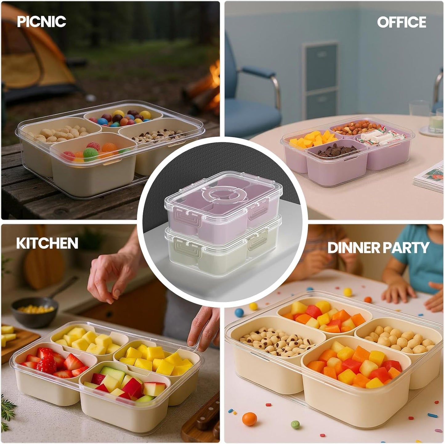 Snackle Box Container, Upgrade Dishwasher,Safe Snack Box for Adult Kids, 4 compartments Plastic Divided Serving Tray with Lid and Handle for Candy, Fruits, Snacks, Nuts,Small,White,1 Pack