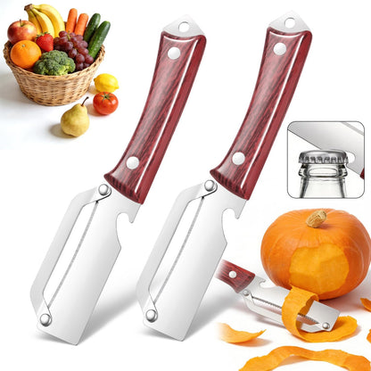 3-in-1 Stainless Steel Vegetable Peeler & Julienne Cutter with Bottle Opener - Multifunctional Kitchen Gadget for Fruits, Veggies, Camping & Daily Home Cooking(2-Pack) wooden