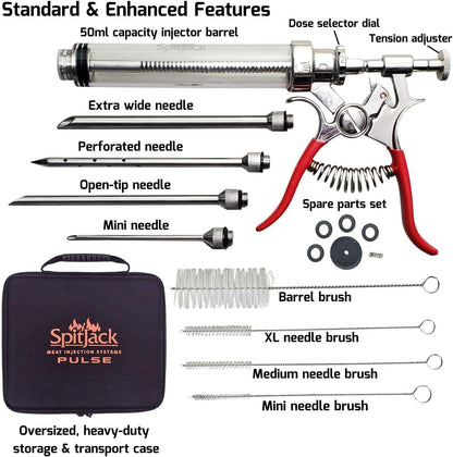 SpitJack PULSE Meat Injector Gun, BBQ Meat Marinade Injector Kit for Brisket, Pork Shoulder, and Chicken, 50ml with 4 Stainless Steel Needles, Case and Guide