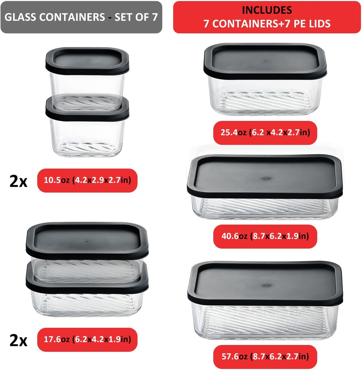 EATEX Grooved Base Glass Meal Prep Containers, 12 Pack Glass Food Storage Containers with Lids for Meal Prep & Lunch, Microwave Oven Freezer Dishwasher Safe, Anti Moisture Non-Stick Design - Black