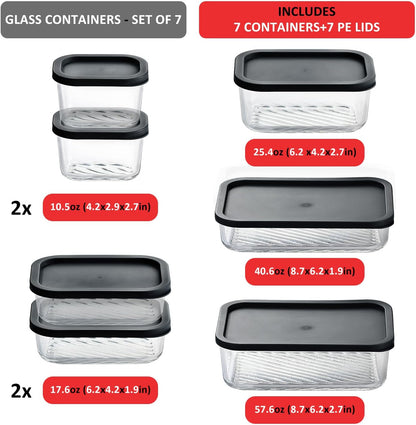 EATEX Grooved Base Glass Meal Prep Containers, 12 Pack Glass Food Storage Containers with Lids for Meal Prep & Lunch, Microwave Oven Freezer Dishwasher Safe, Anti Moisture Non-Stick Design - Black