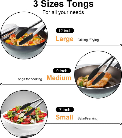 12 Pcs Tongs Set Multiple Sizes 7,9,12 Inches, Rubber Tipped Tongs Stainless Steel & Silicone Heat Resistant for Cooking, Grill, Salad, BBQ, Serving (Black & Silver)