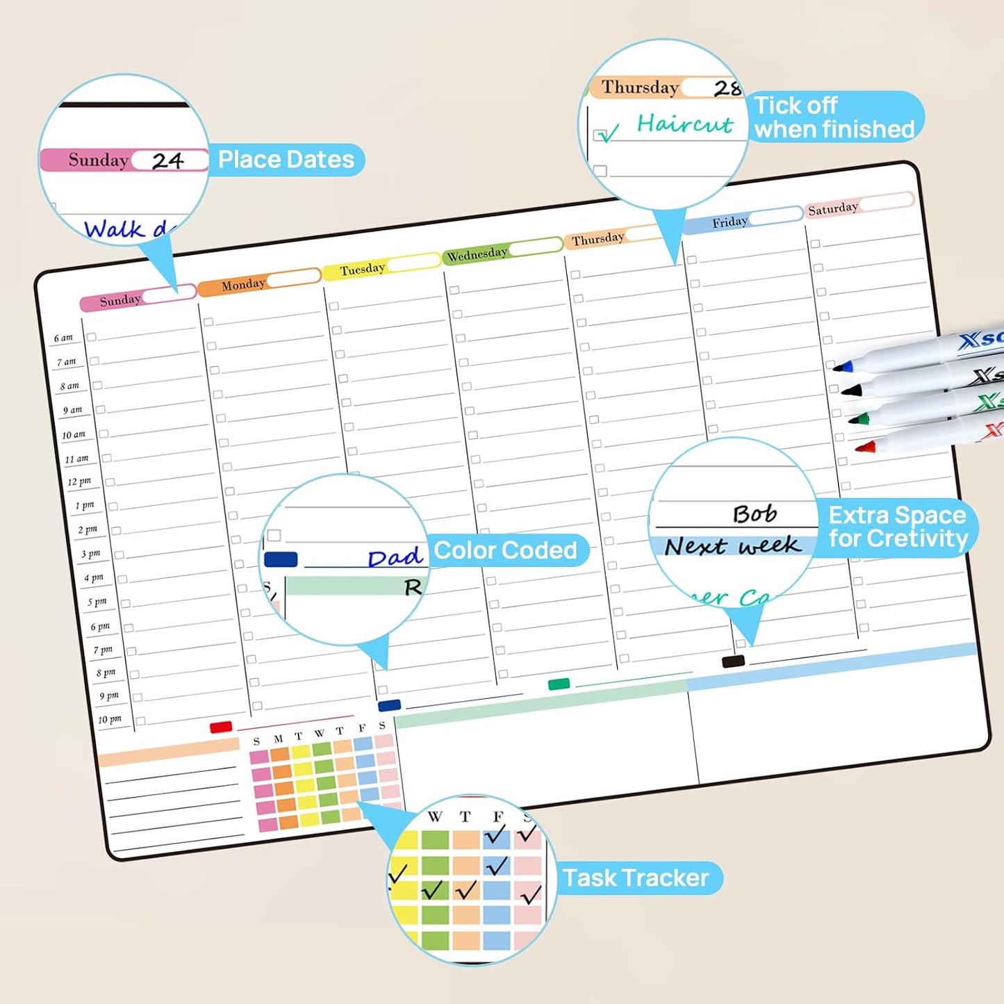 POPRUN Magnetic Weekly Dry Erase Fridge Calendar, 16.9"x11" Whiteboard Planner for Schedule, Shopping Lists, Household Chores, Ideal for Family, Office, Work and Study