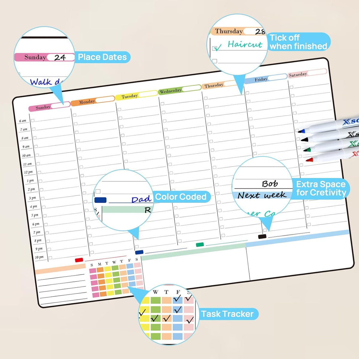 POPRUN Dry Erase Weekly Calendar Whiteboard, Magnetic Hourly Schedule Board | 16.9 x 11" Weekly Planner for Fridge, Time Slots, Family Daily Planning for Refrigerator, Homeschool, Work