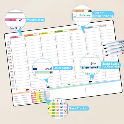 POPRUN Dry Erase Weekly Calendar Whiteboard, Magnetic Hourly Schedule Board | 16.9 x 11" Weekly Planner for Fridge, Time Slots, Family Daily Planning for Refrigerator, Homeschool, Work