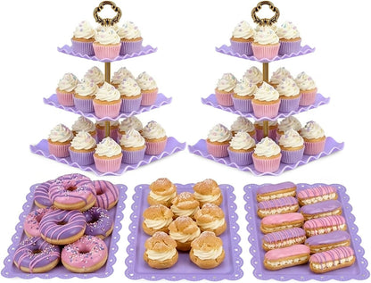 NWK 5 Piece Cake Stand Set with 2 x Large 3-Tier Cupcake Stands, 3 x Appetizer Trays, for Wedding Birthday Baby Shower Tea Party Decorations (Pink)