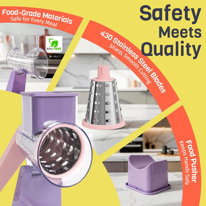 Upgraded Rotary Cheese Grater, Hand Crank, Pinkish Purple