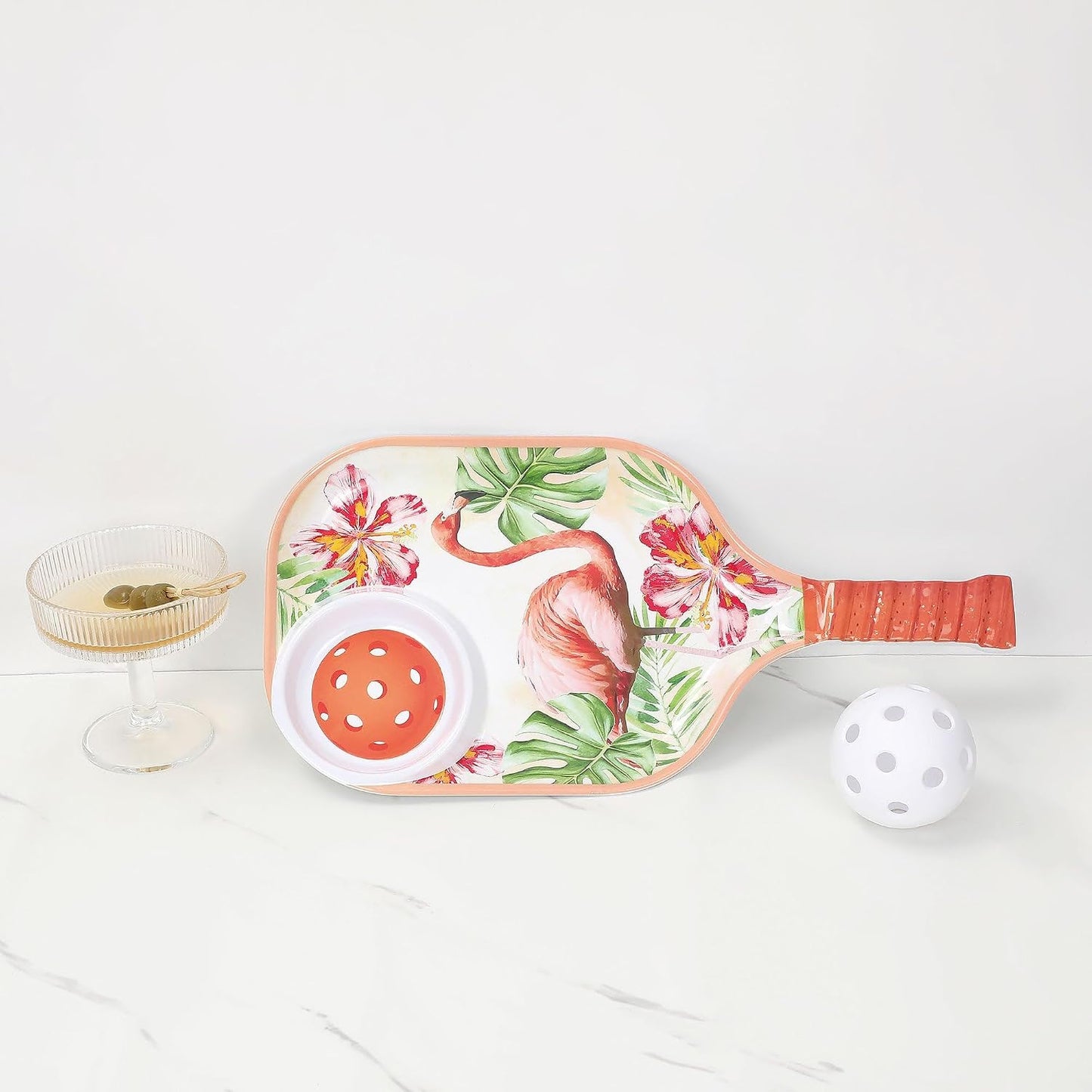 UPware Flamingo Melamine Chip and Dip Snack Tray, Tropical Floral Pickleball Paddle Shape Platter for Chips, Salsa, Fruits, and Appetizers, 15.75 x 8 Inch