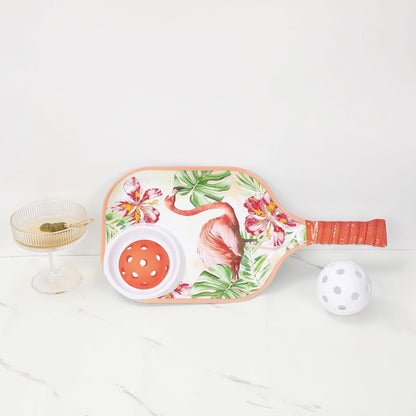 UPware Flamingo Melamine Chip and Dip Snack Tray, Tropical Floral Pickleball Paddle Shape Platter for Chips, Salsa, Fruits, and Appetizers, 15.75 x 8 Inch