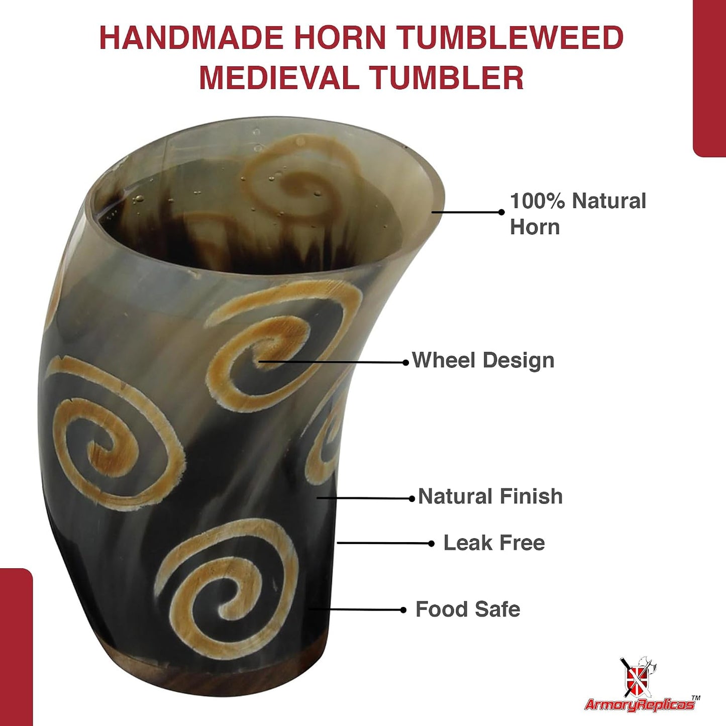 Armory Replicas™ 3-Piece Buffalo Drinking Horn Set – Handmade Natural Horn Cups with Earth Design, Viking Style Mead Ale Wine Cups for Feasts, Parties & Collectors