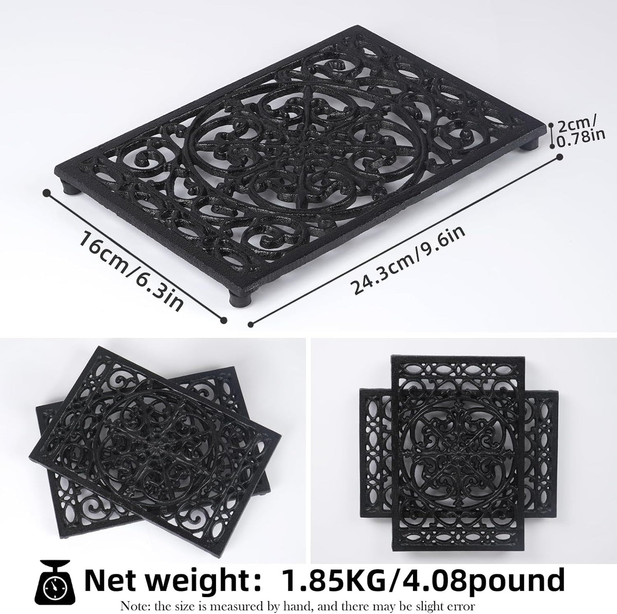 Notakia 9.6 x 6.3 Inch Cast Iron Trivet Set, Large Metal Trivets for Hot Dishes Pots Pans Decorative Kitchen Trivets, Heat-Resistant Trivet Mats for Quartz Countertops, Green Kitchen Accessories
