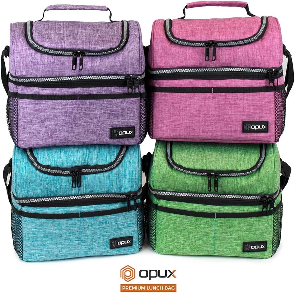 opux Insulated Lunch Bag for Men Women, Double Decker Leakproof Lunch Box Cooler Tote with Shoulder Strap, Large Lunchbox for Work School Travel Meal Prep, Adults Kids Boys Girls, Green, 16 Cans