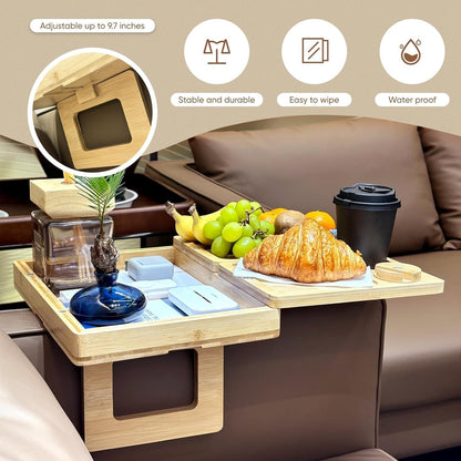 4 In 1 Bamboo Couch Arm Tray With Cup Holder, 360 Rotated Sofa Armrest Table for Couches, Armchair Caddy Organizer for Snacks & Drinks, Couch Arm Rest Table With Storage & Phone Holder for Living Room